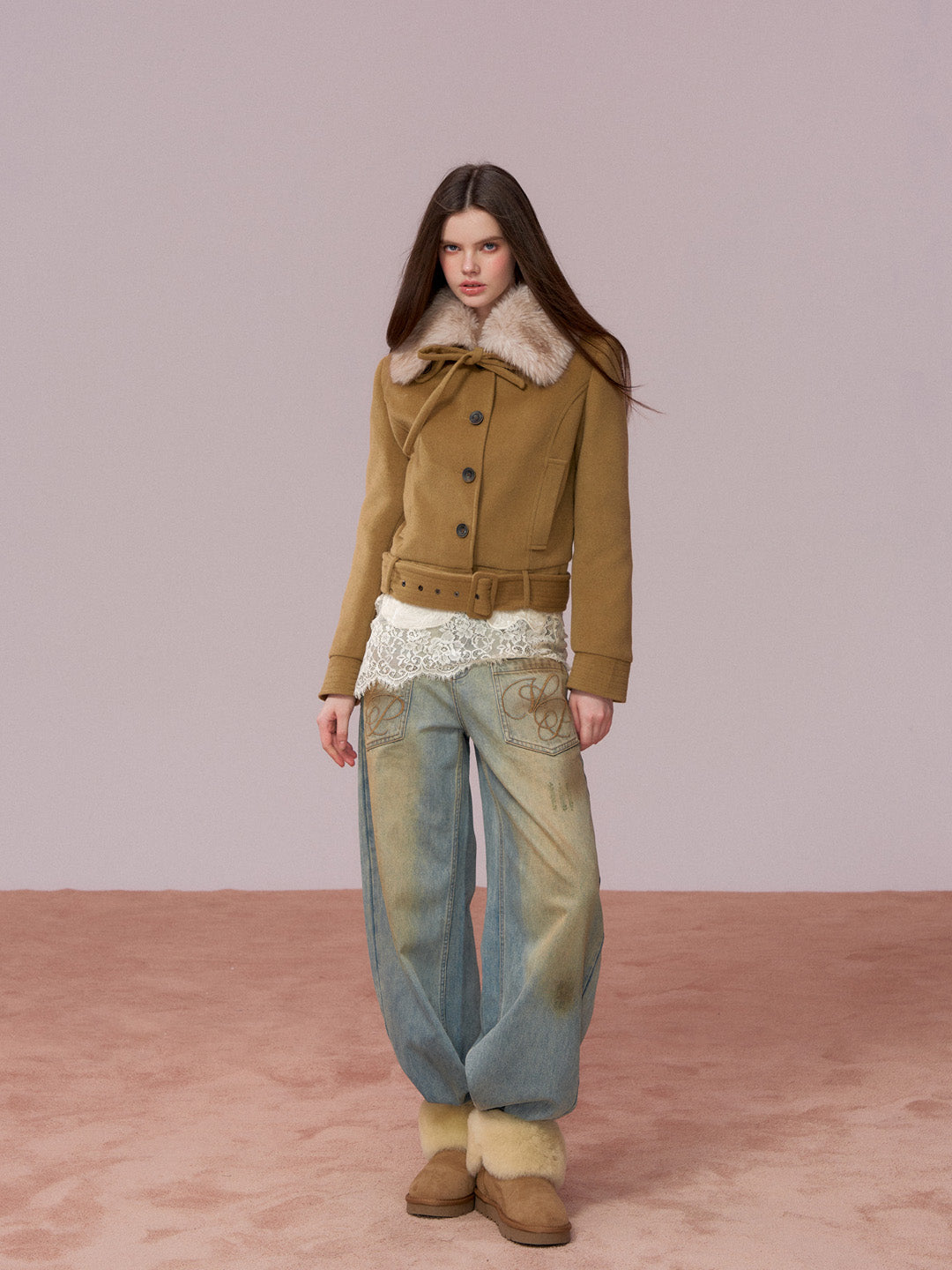 VIA PITTI VIADC720 Detachable fur collar bow tie cotton jacket