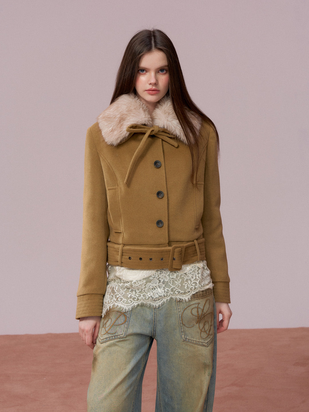 VIA PITTI VIADC720 Detachable fur collar bow tie cotton jacket