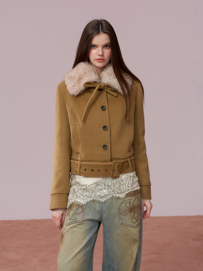 VIA PITTI VIADC720 Detachable fur collar bow tie cotton jacket