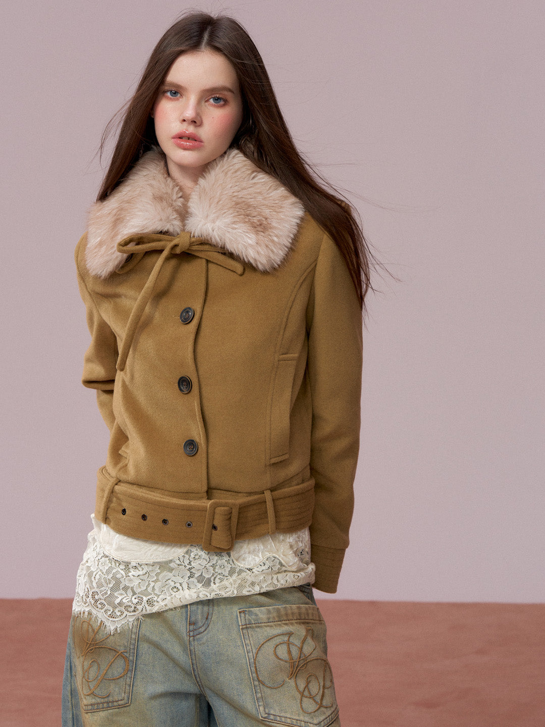 VIA PITTI VIADC720 Detachable fur collar bow tie cotton jacket