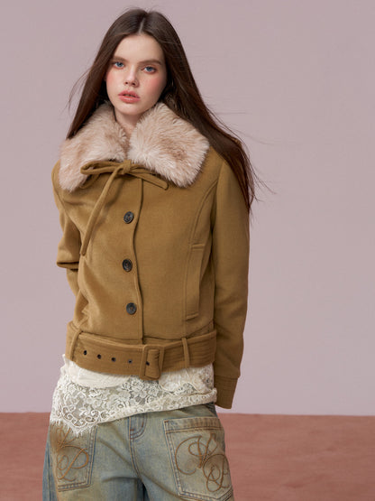 VIA PITTI VIADC720 Detachable fur collar bow tie cotton jacket