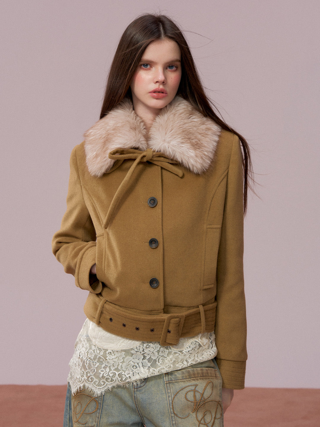 VIA PITTI VIADC720 Detachable fur collar bow tie cotton jacket