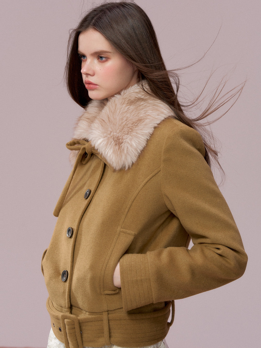 VIA PITTI VIADC720 Detachable fur collar bow tie cotton jacket