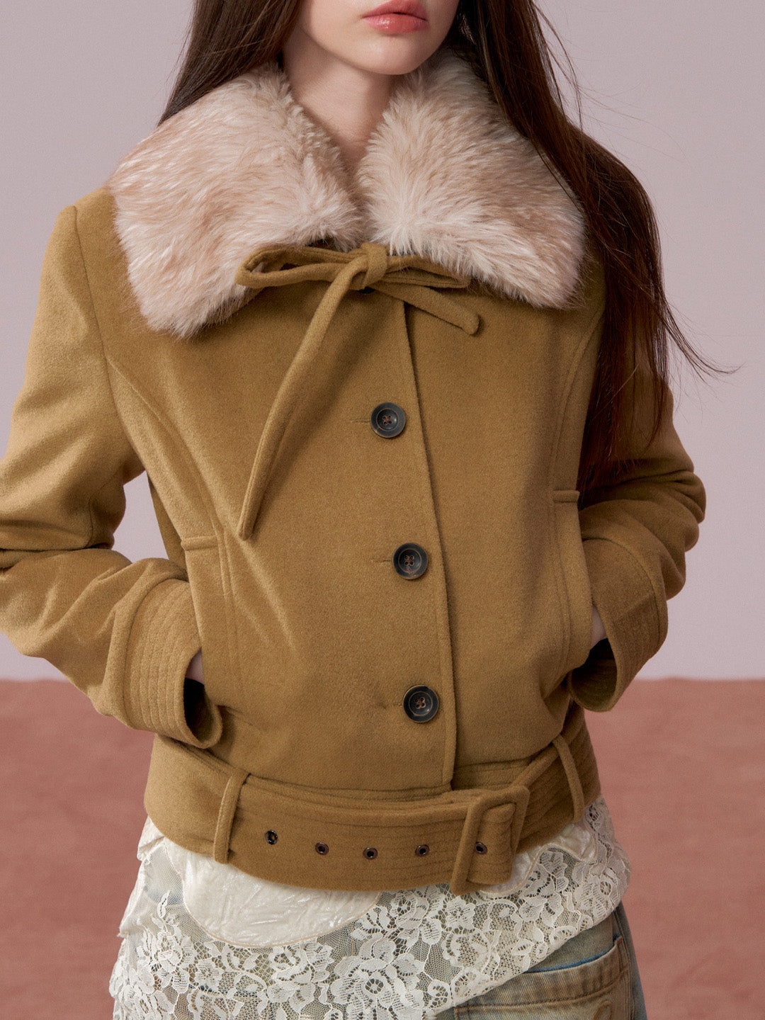 VIA PITTI VIADC720 Detachable fur collar bow tie cotton jacket