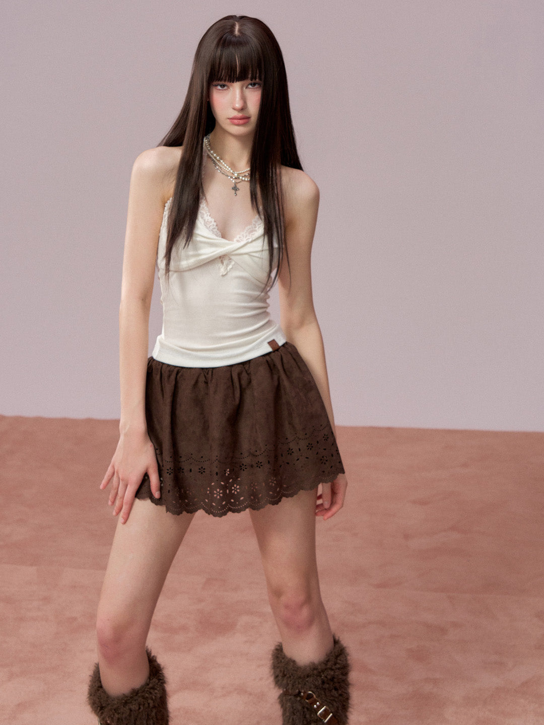 VIA PITTI VIADS702 Embroidered suede skirt