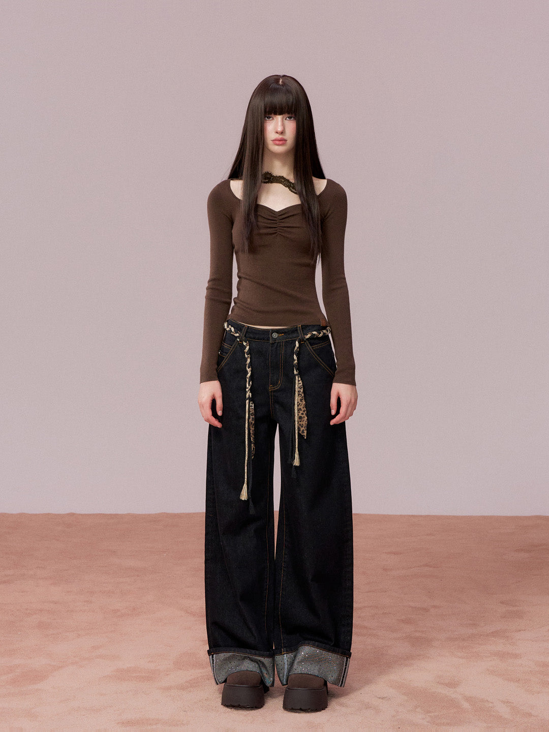 VIA PITTI VIADK743 Wrinkled lace decorative woolen base long sleeved shirt