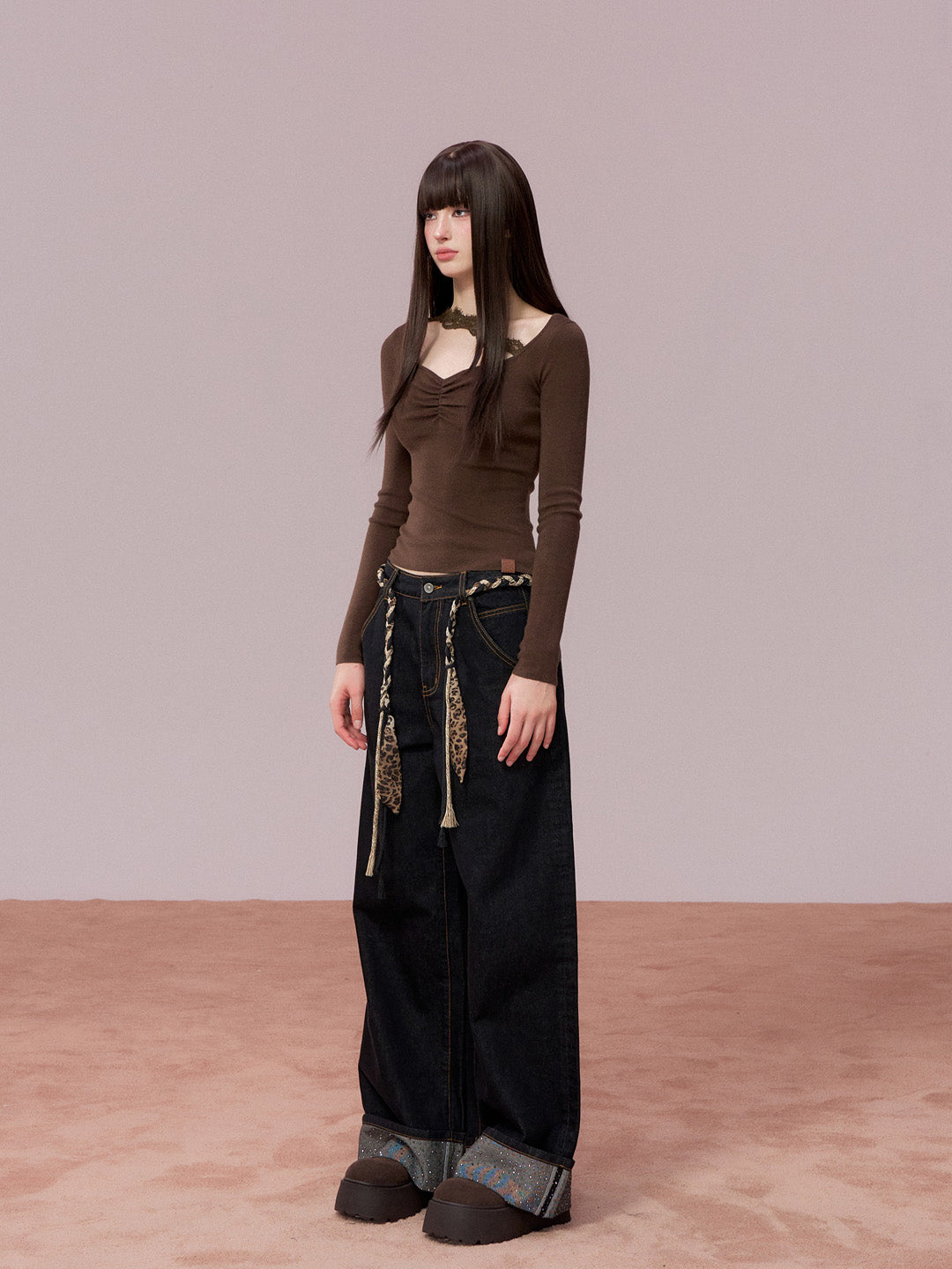 VIA PITTI VIADK743 Wrinkled lace decorative woolen base long sleeved shirt