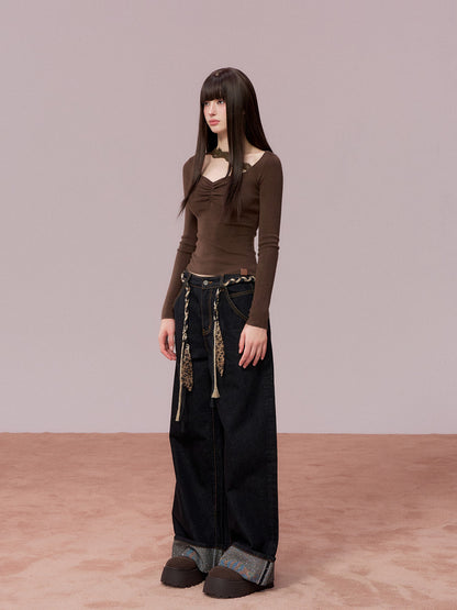 VIA PITTI VIADK743 Wrinkled lace decorative woolen base long sleeved shirt