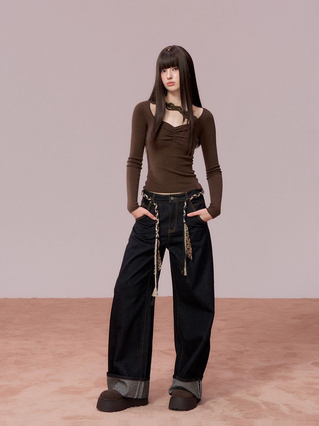 VIA PITTI VIADK743 Wrinkled lace decorative woolen base long sleeved shirt