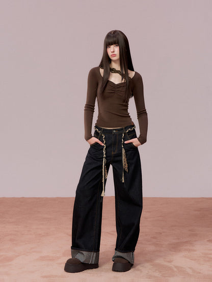 VIA PITTI VIADK743 Wrinkled lace decorative woolen base long sleeved shirt