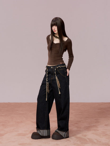 VIA PITTI VIADK743 Wrinkled lace decorative woolen base long sleeved shirt