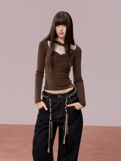 VIA PITTI VIADK743 Wrinkled lace decorative woolen base long sleeved shirt