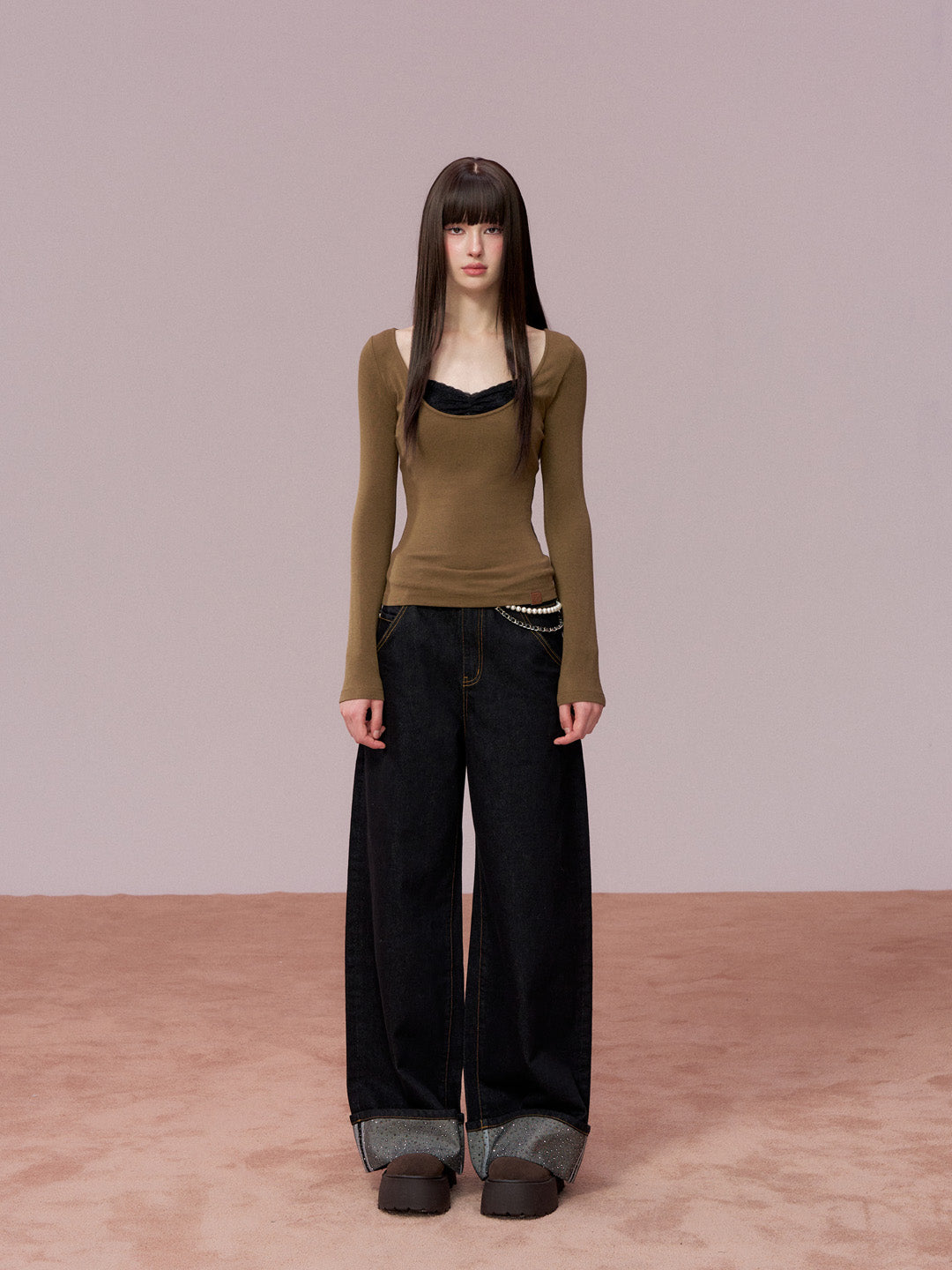 VIA PITTI VIADTP751 Lace patchwork leather edge contrasting long sleeved T