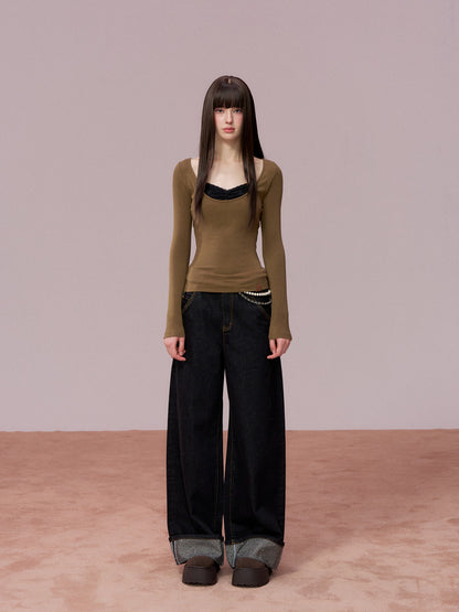 VIA PITTI VIADTP751 Lace patchwork leather edge contrasting long sleeved T