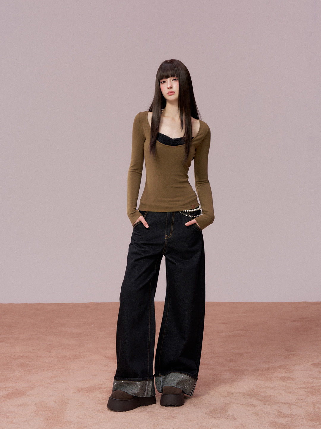 VIA PITTI VIADTP751 Lace patchwork leather edge contrasting long sleeved T