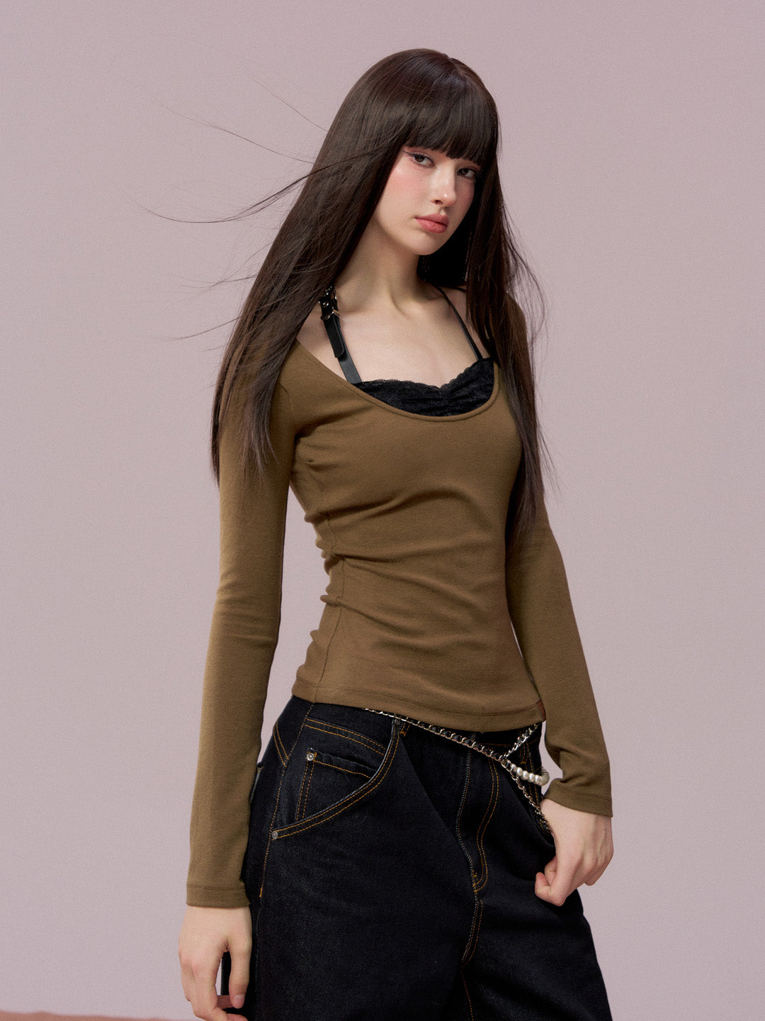 VIA PITTI VIADTP751 Lace patchwork leather edge contrasting long sleeved T