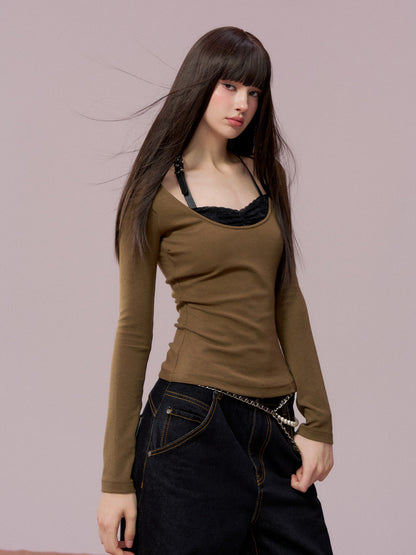 VIA PITTI VIADTP751 Lace patchwork leather edge contrasting long sleeved T