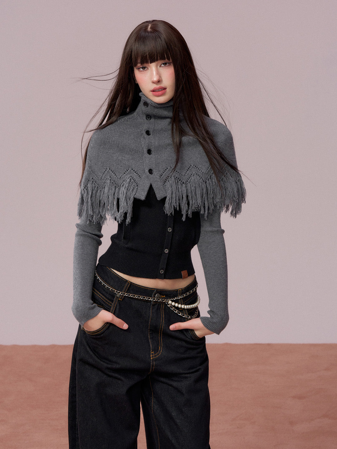 VIA PITTI VIADK779 Two piece set of high necked woolen base and tassel cape