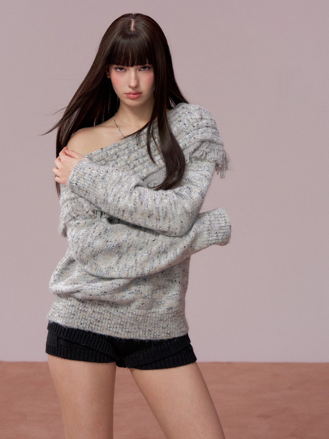 VIA PITTI VIADK783 Off shoulder mixed color woolen sweater + scarf set