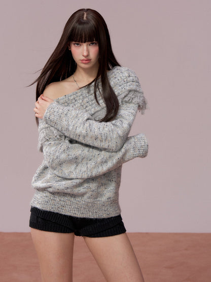 VIA PITTI VIADK783 Off shoulder mixed color woolen sweater + scarf set