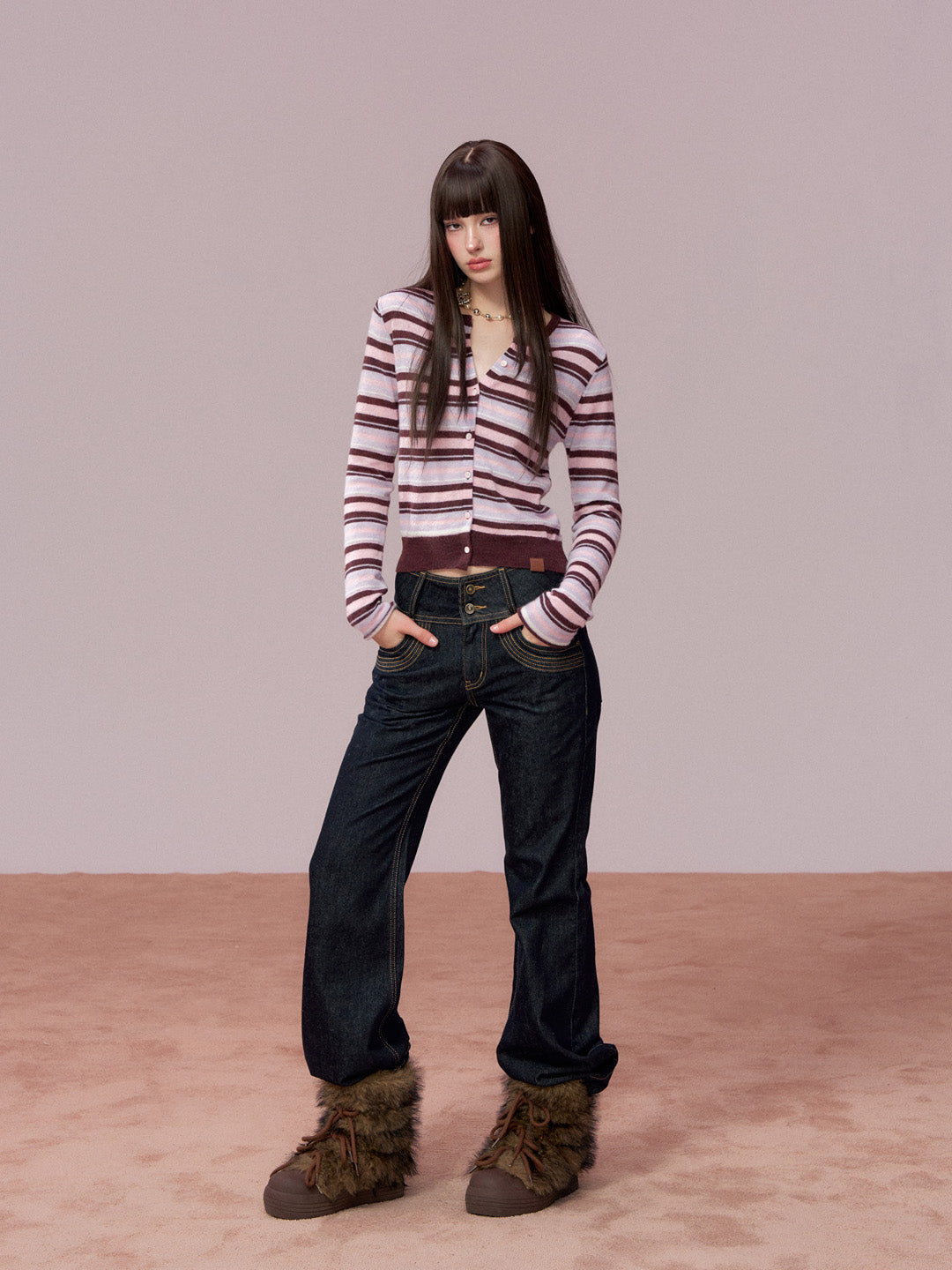 VIA PITTI VIADP746 Rivet decorated wide waisted denim pants