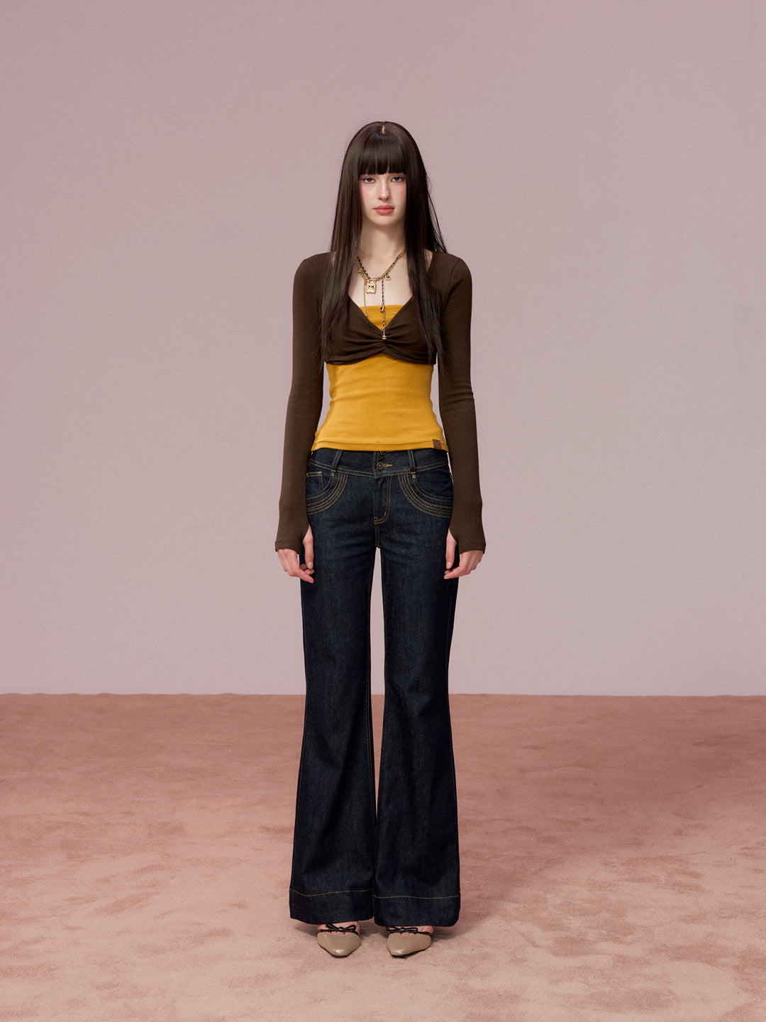 VIA PITTI VIADTP689 Splicing fake two-piece contrasting strapless long sleeved shirt