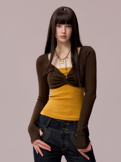 VIA PITTI VIADTP689 Splicing fake two-piece contrasting strapless long sleeved shirt