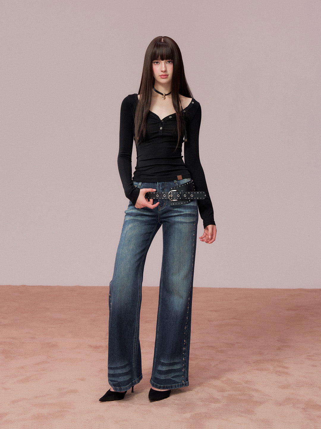 VIA PITTI VIADTP729 Button decoration round neck base T