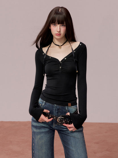 VIA PITTI VIADTP729 Button decoration round neck base T