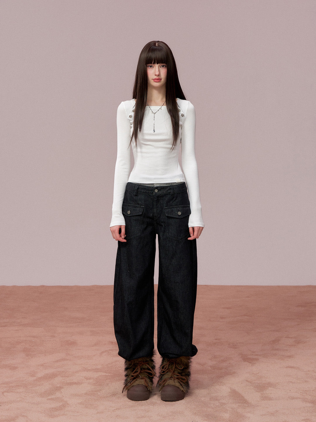 VIA PITTI VIADTP705 Rose button decoration base long sleeved T