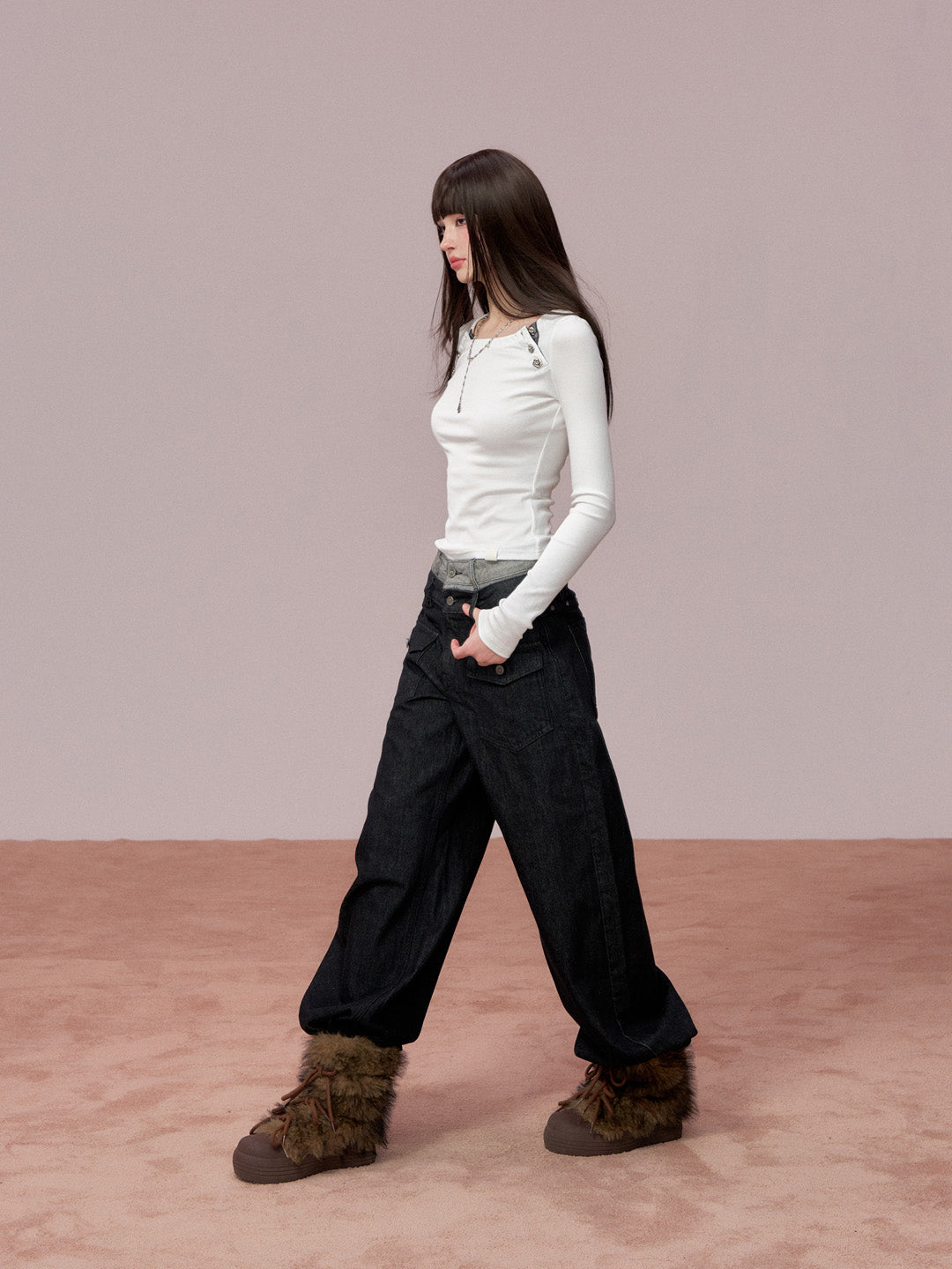 VIA PITTI VIADP650 Double waisted contrasting colors denim pants