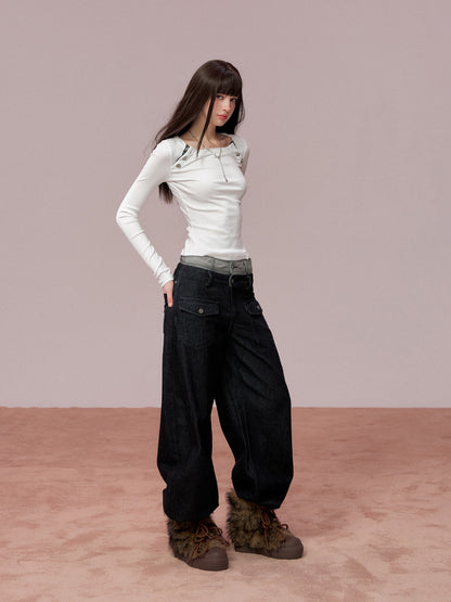 VIA PITTI VIADP650 Double waisted contrasting colors denim pants