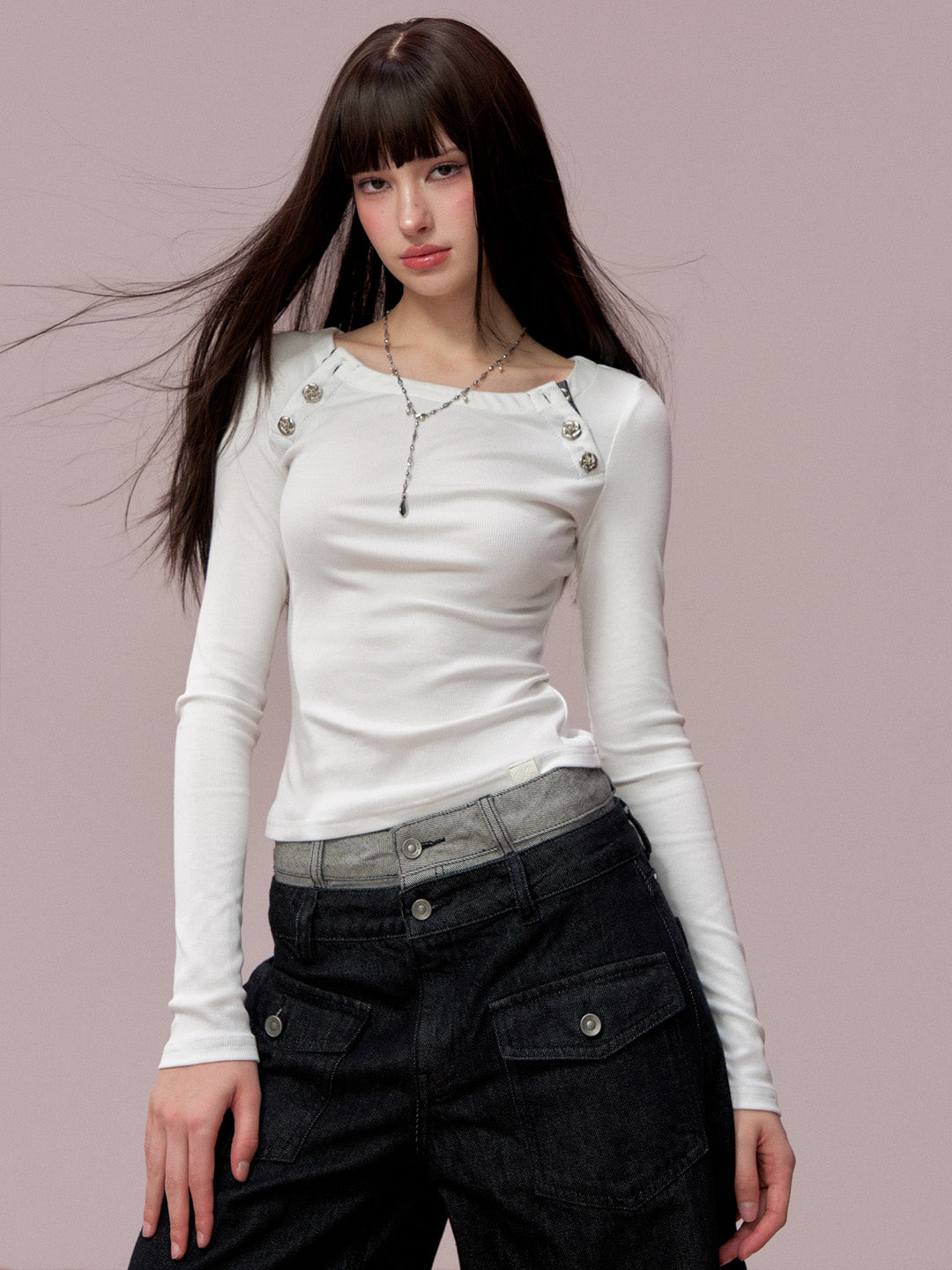 VIA PITTI VIADTP705 Rose button decoration base long sleeved T