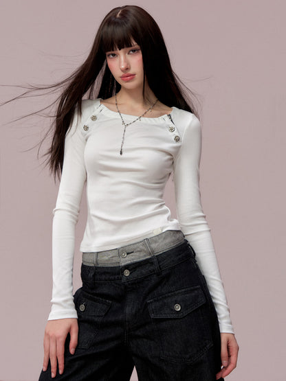 VIA PITTI VIADTP705 Rose button decoration base long sleeved T