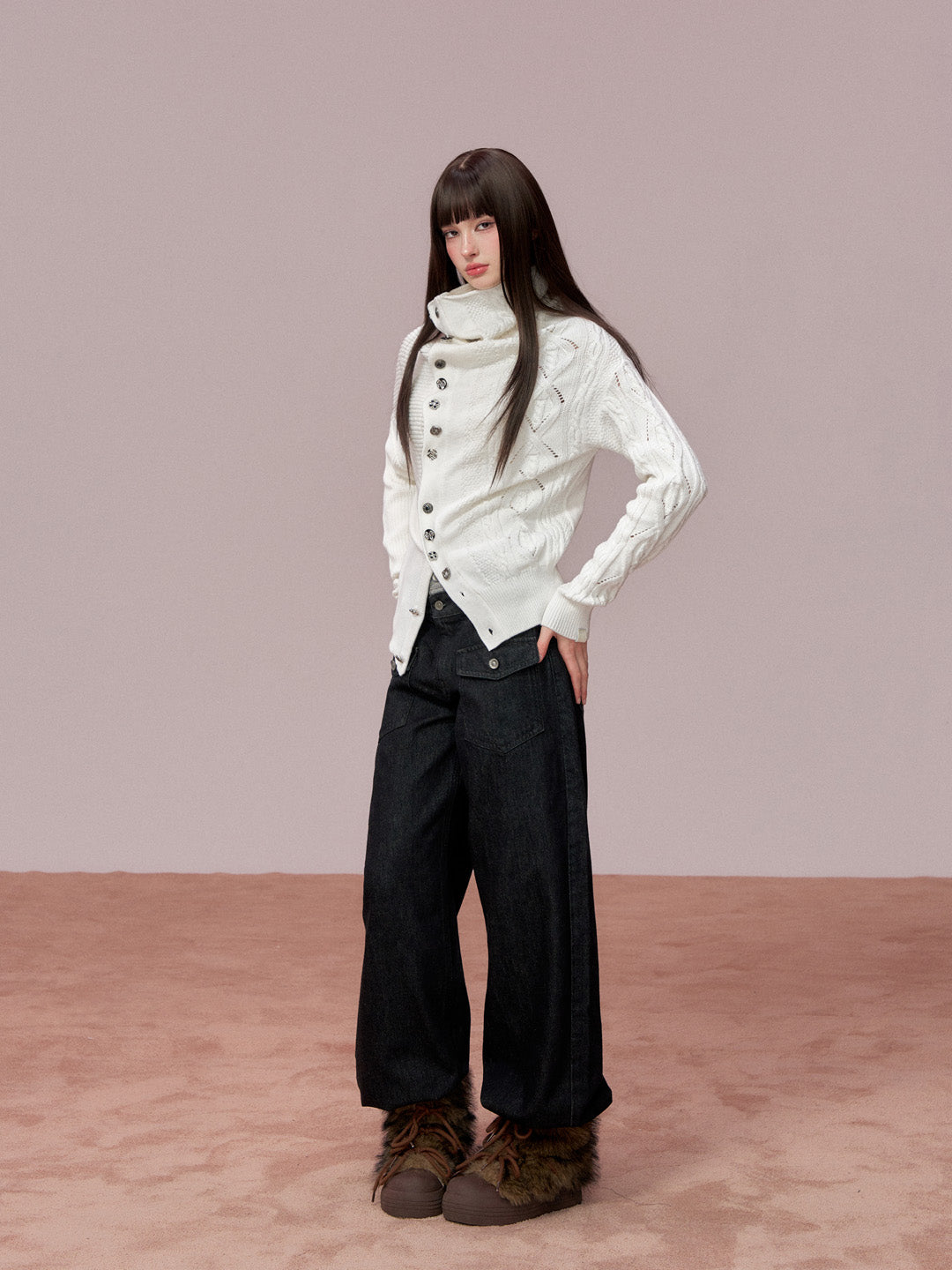 VIA PITTI VIADK749 High necked irregular button woolen jacket