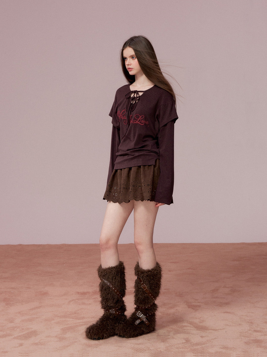 VIA PITTI VIADTP741 Fake Two Piece 3D Embroidered Loose Long Sleeve T