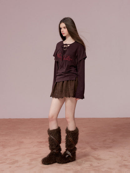 VIA PITTI VIADTP741 Fake Two Piece 3D Embroidered Loose Long Sleeve T