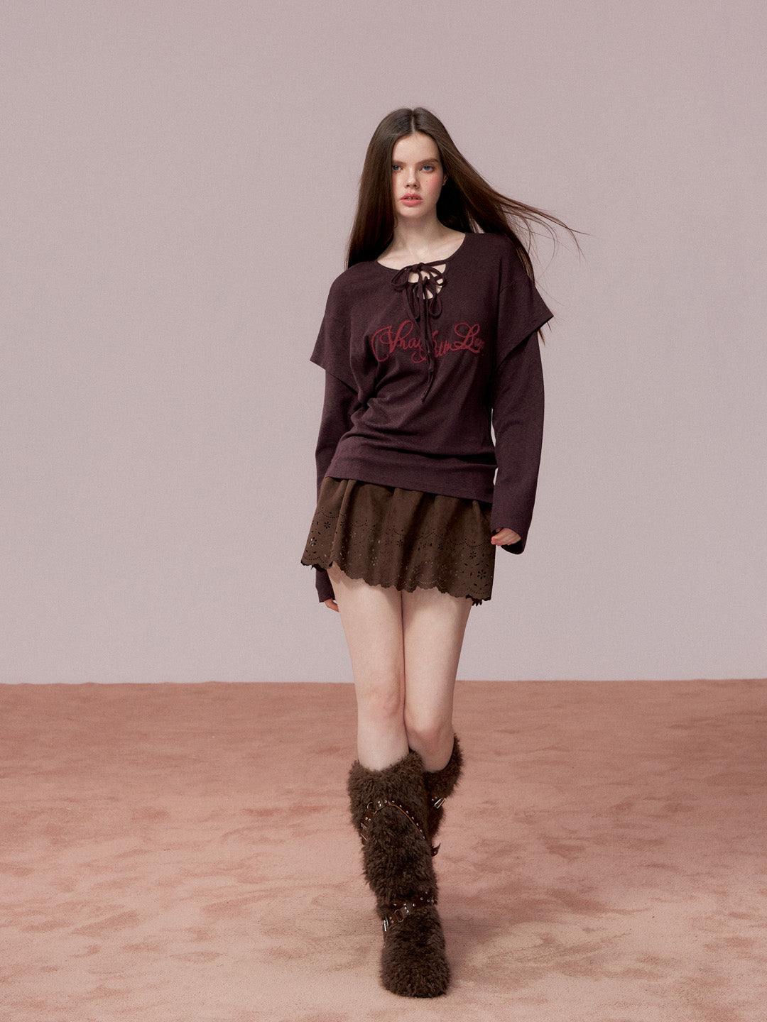 VIA PITTI VIADTP741 Fake Two Piece 3D Embroidered Loose Long Sleeve T