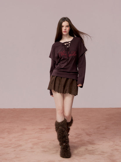 VIA PITTI VIADTP741 Fake Two Piece 3D Embroidered Loose Long Sleeve T