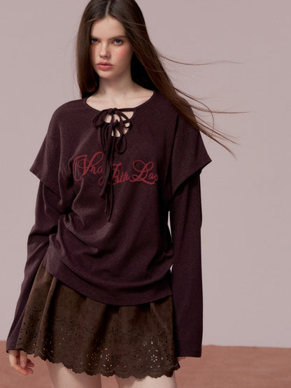 VIA PITTI VIADTP741 Fake Two Piece 3D Embroidered Loose Long Sleeve T