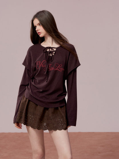 VIA PITTI VIADTP741 Fake Two Piece 3D Embroidered Loose Long Sleeve T