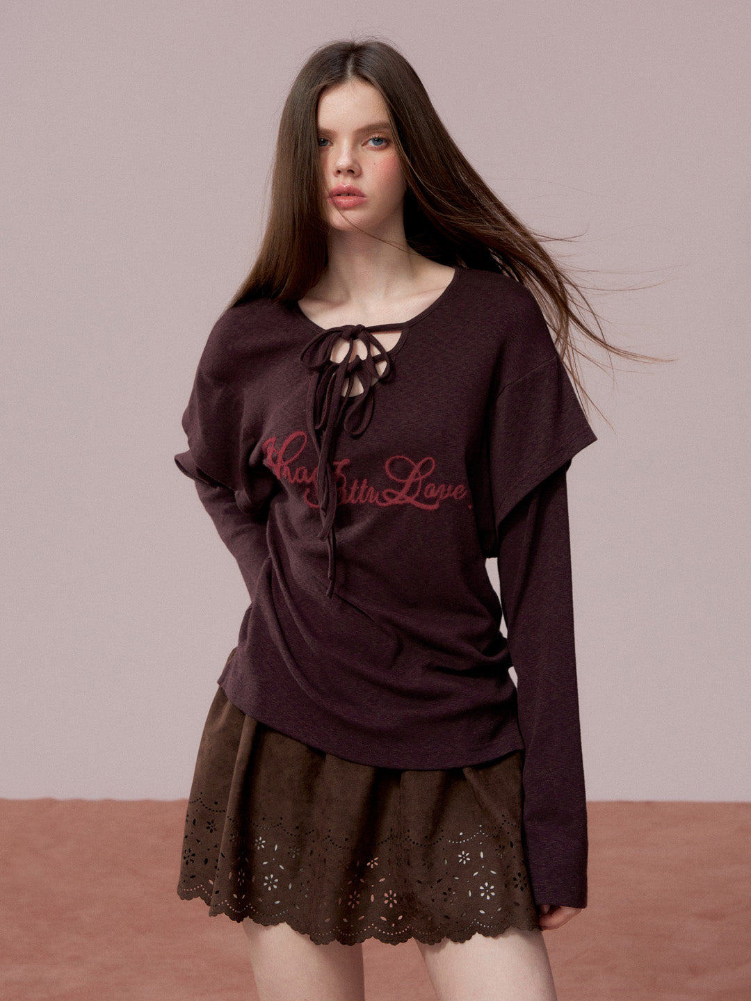 VIA PITTI VIADTP741 Fake Two Piece 3D Embroidered Loose Long Sleeve T