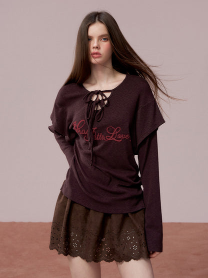 VIA PITTI VIADTP741 Fake Two Piece 3D Embroidered Loose Long Sleeve T