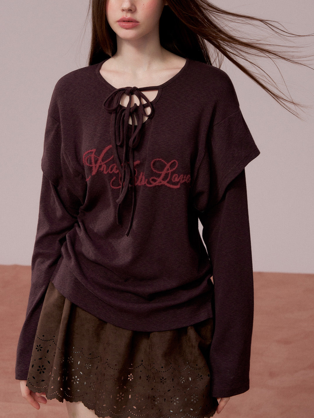 VIA PITTI VIADTP741 Fake Two Piece 3D Embroidered Loose Long Sleeve T