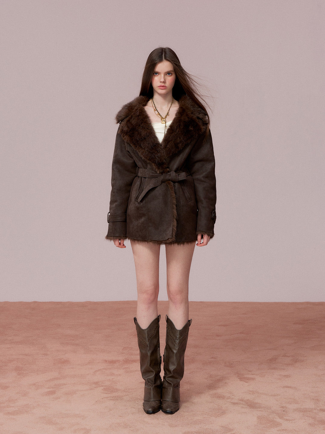 VIA PITTI VIADC681 Fur and leather one-piece waist cinching coat