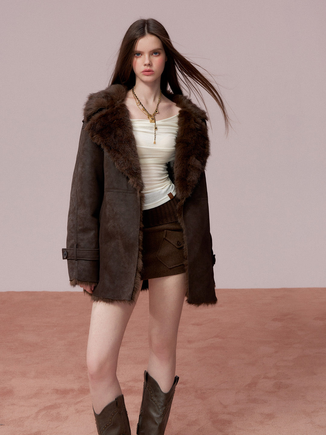 VIA PITTI VIADC681 Fur and leather one-piece waist cinching coat