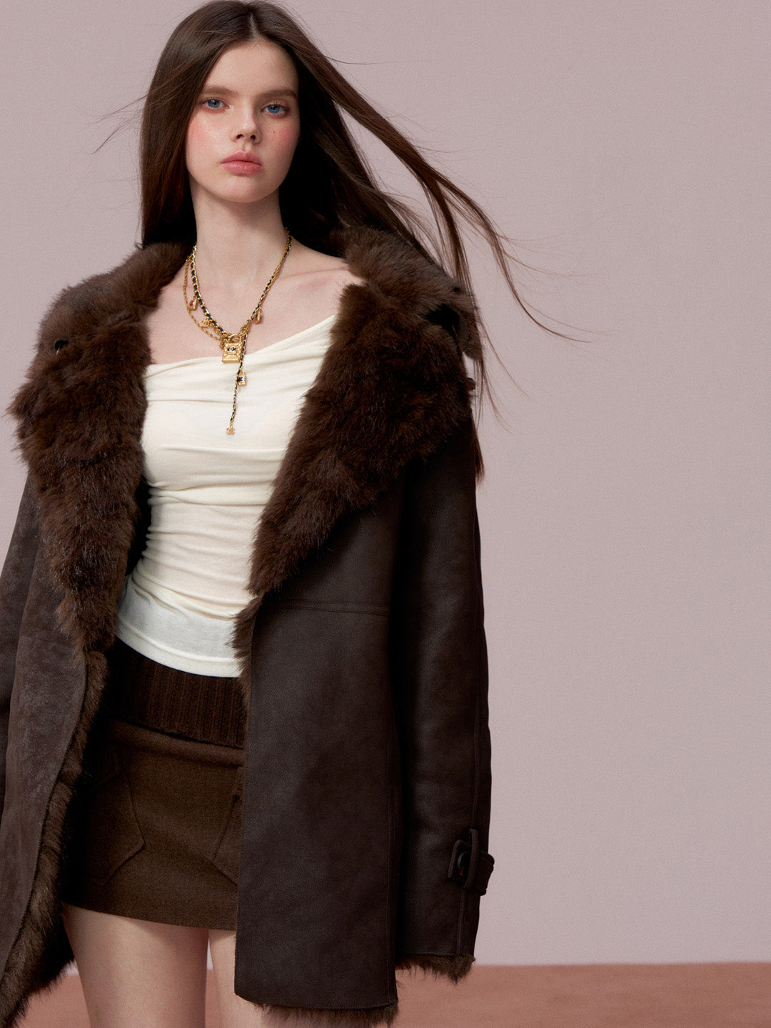 VIA PITTI VIADC681 Fur and leather one-piece waist cinching coat