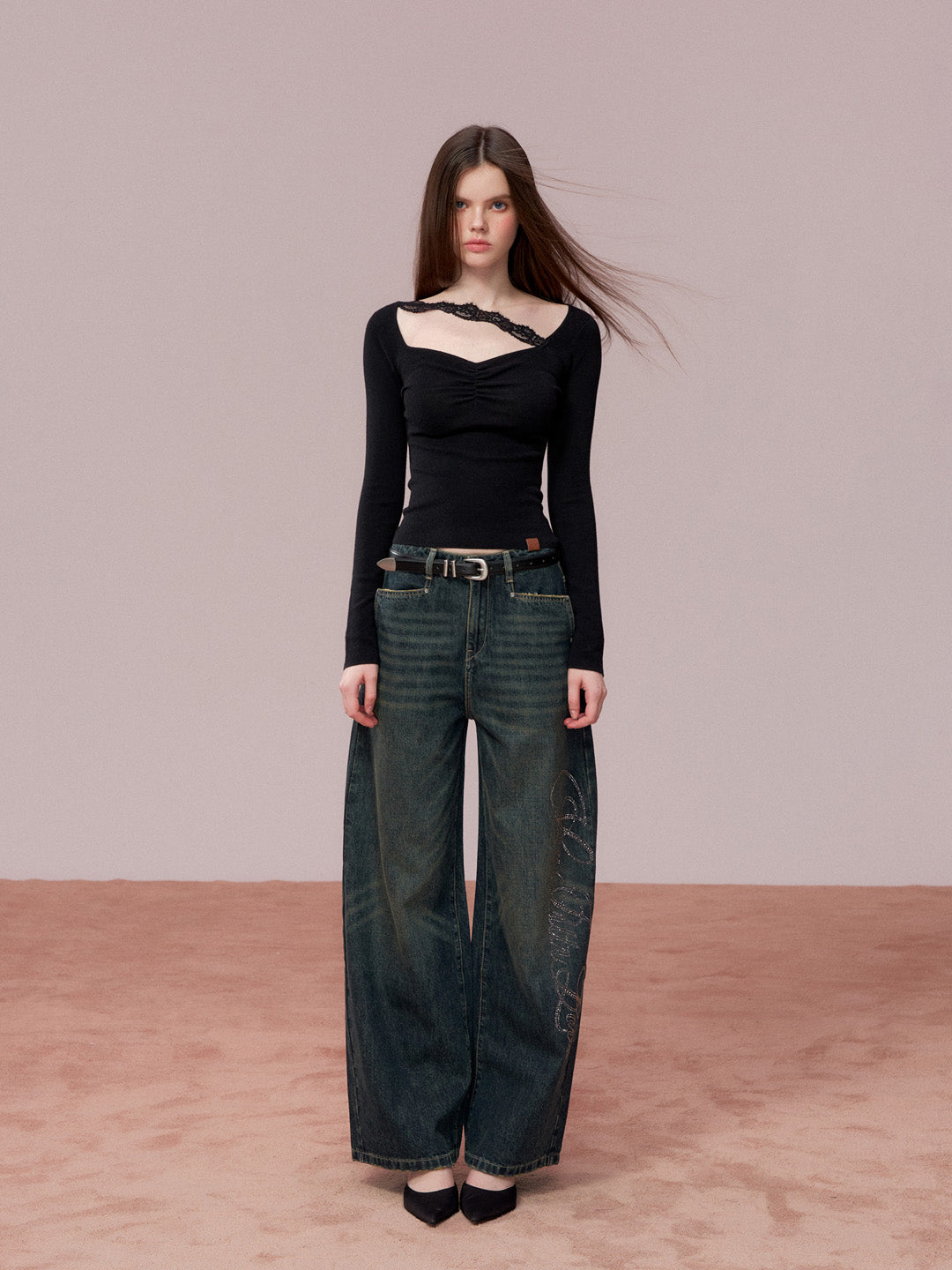 VIA PITTI VIADK743 Wrinkled lace decorative woolen base long sleeved shirt