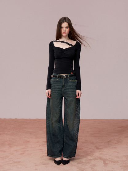 VIA PITTI VIADK743 Wrinkled lace decorative woolen base long sleeved shirt