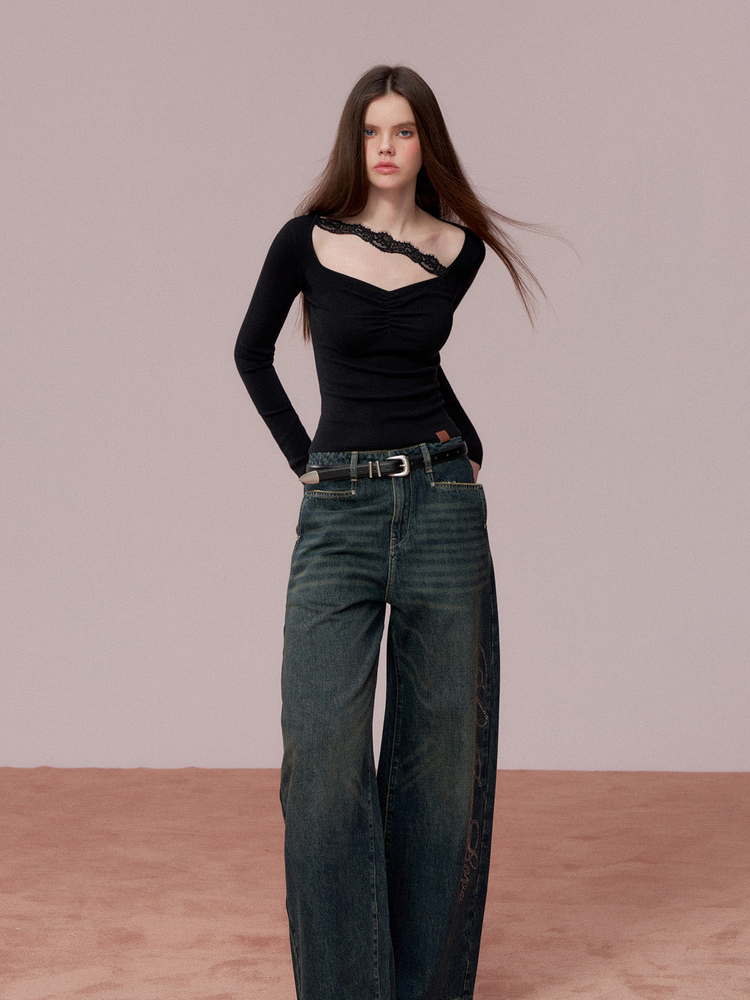 VIA PITTI VIADK743 Wrinkled lace decorative woolen base long sleeved shirt